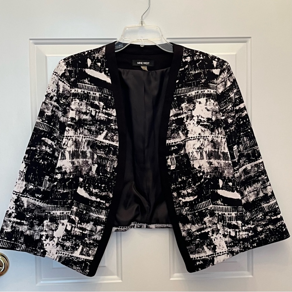 Nine West Open Front Blazer Jacket 3/4 Sleeves Black White Size 10
